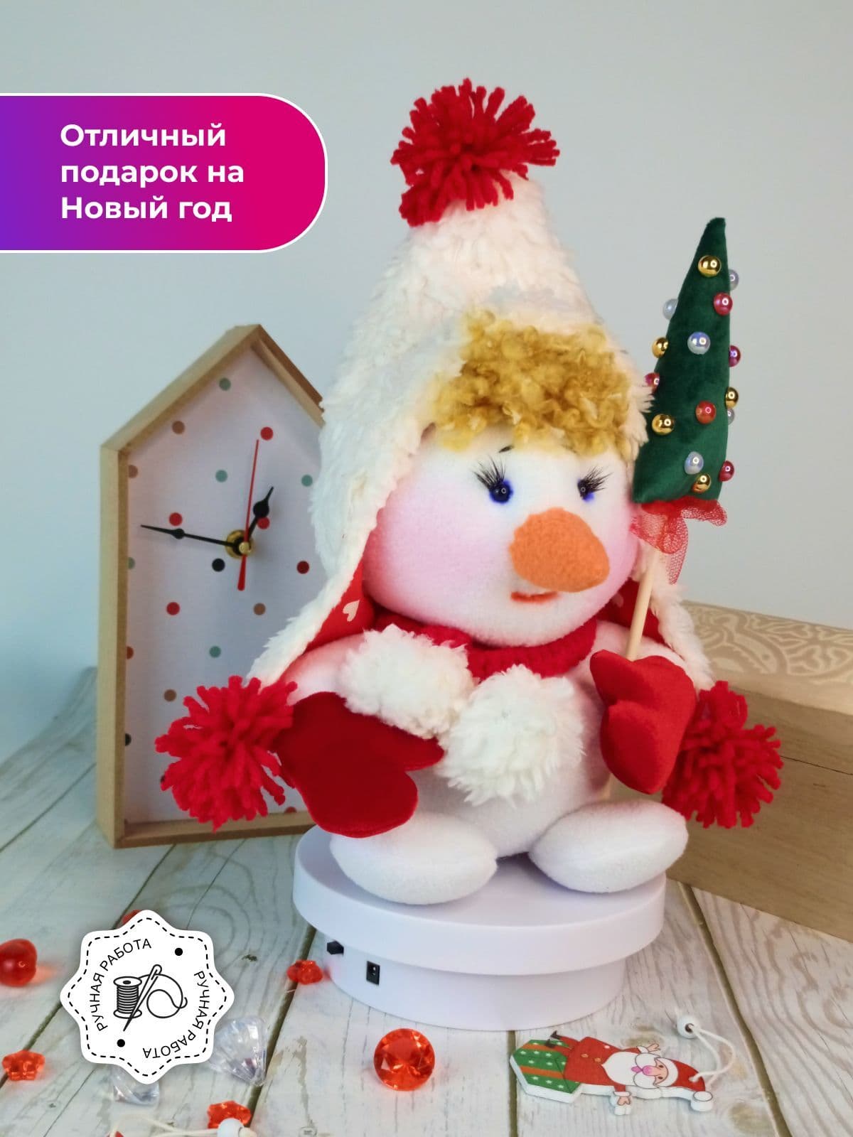 Снеговик - мальчик пухляк, Игрушка под ёлку, Мягкая игрушка, Ручная работа, 27 см - продано ручной работы, дополнительное фото 2