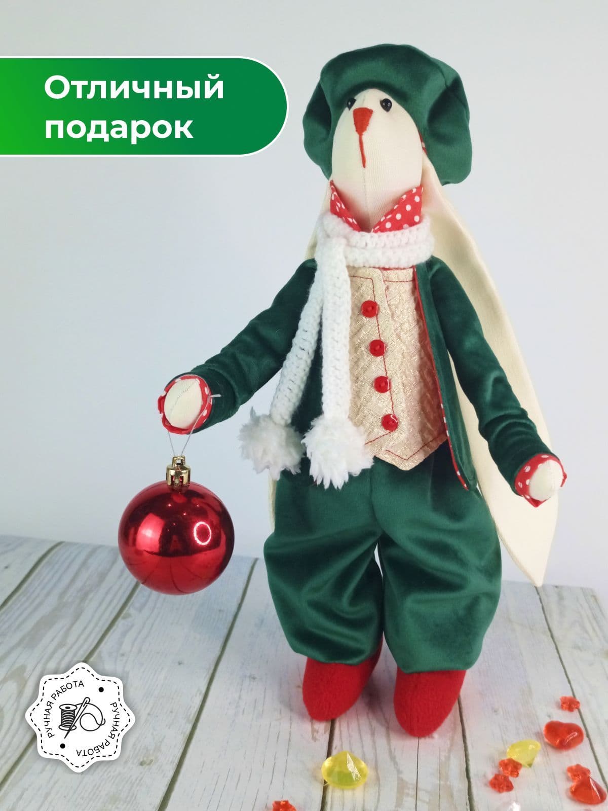 Зайка тильда ручной работы, авторская кукла, 38 см - дополнительное фото 2, дополнительное фото 3